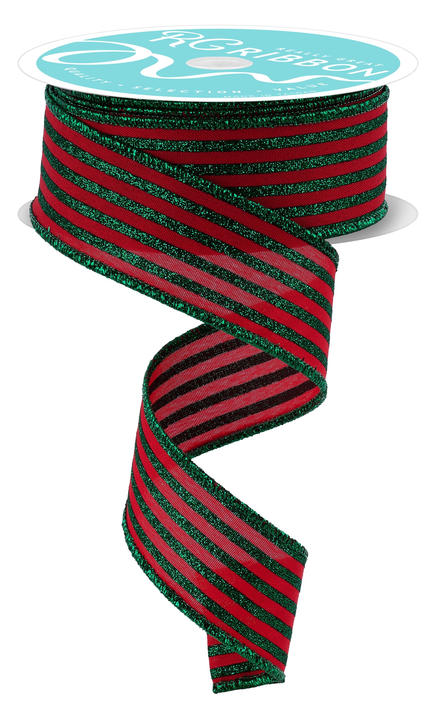 1.5" x 10yd Glitter Vertical Stripe Wired Ribbon- Emerald and Red