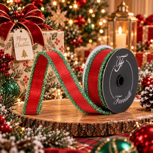 Farrisilk Tinsel Borders 1"X10YD Wired Ribbon - Red and Lime
