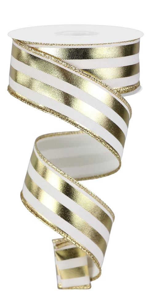 1.5" x 10yd Metallic Vertical Ivory/Gold Stripes Wired Ribbon