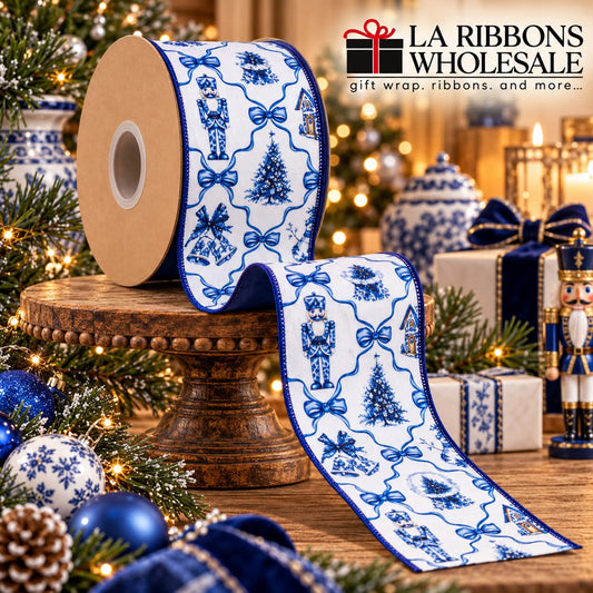 LA RIBBONS 4" Wired Dupioni Ribbon | Christmas Icons and Bows w/Blue Backing