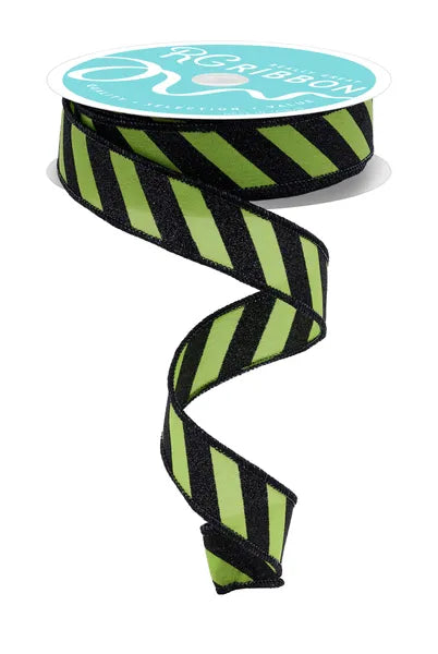 7/8" x 10yd Diagonal Glitter Stripe Wired Ribbon - Black & Lime Green