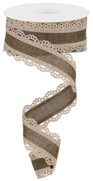 1.5" x 10yd Lace Edge Wired Ribbon - Beige and Brown