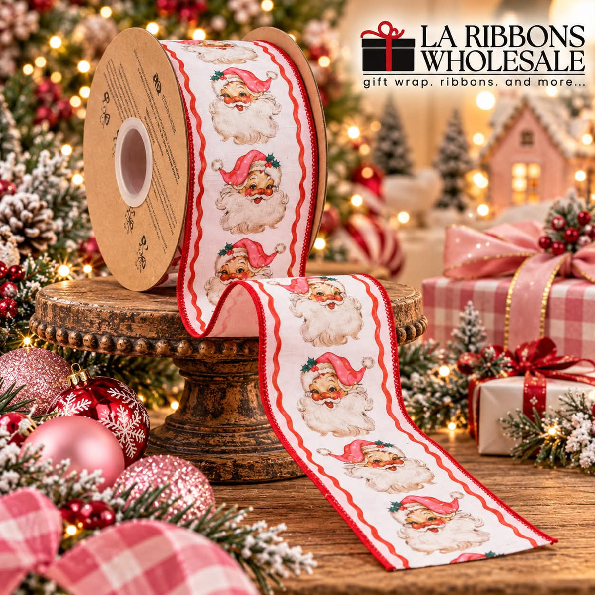 LA RIBBONS 2 1/2" Wired Dupioni Ribbon | Retro Pink Santa and Ribbons w/ Pink Backing