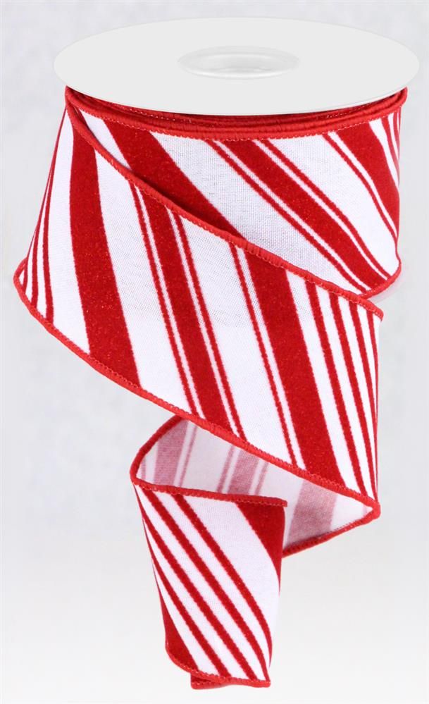 2.5" x 10yd Glitter Velvet Diagonal Red/White Stripes Wired Ribbon