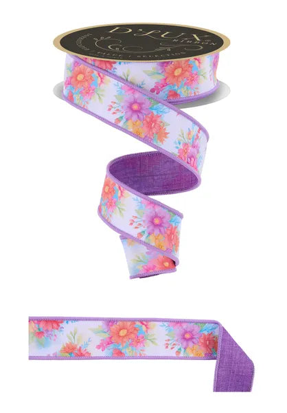 D'Lux 1.5" x 10yd Bright Flowers/Fused Pink, White, Lavender Wired Ribbon