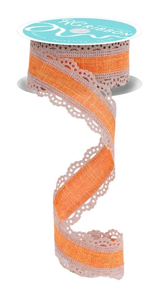 1.5" x 10yd Lace Edge Wired Ribbon - Orange & Beige
