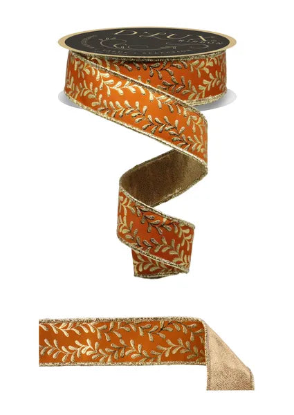 D'LUX 1.5" x 10yd Foil Leaf Garland Fused Wired Ribbon - Autumn Orange and Gold
