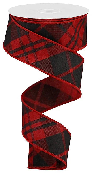 1.5" x 10yd Printed Diagonal Plaid/Dupioni - Red
