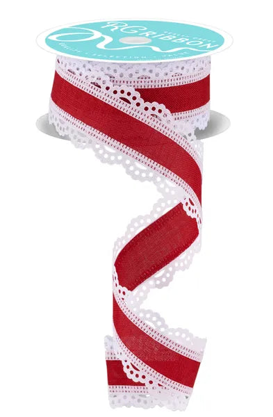 1.5" x 10yd Lace Edge Wired Ribbon - Red & White
