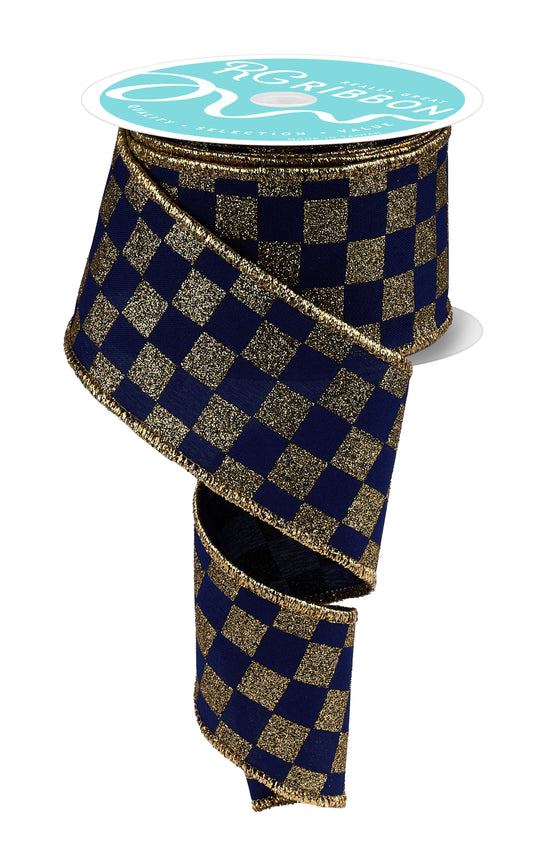 2.5" x 10yd Print Glitter Check Navy Blue and Gold Wired Ribbon