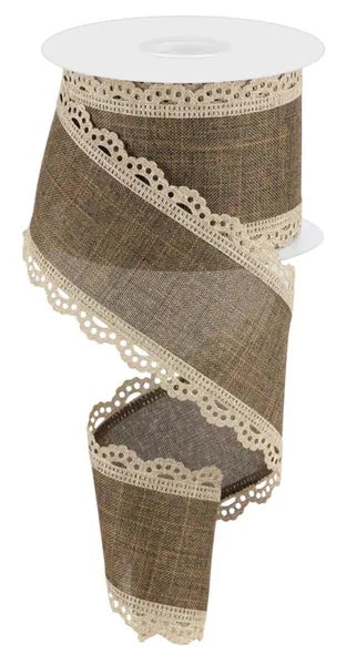2.5" x 10yd Lace Edge Wired Ribbon- Beige & Brown