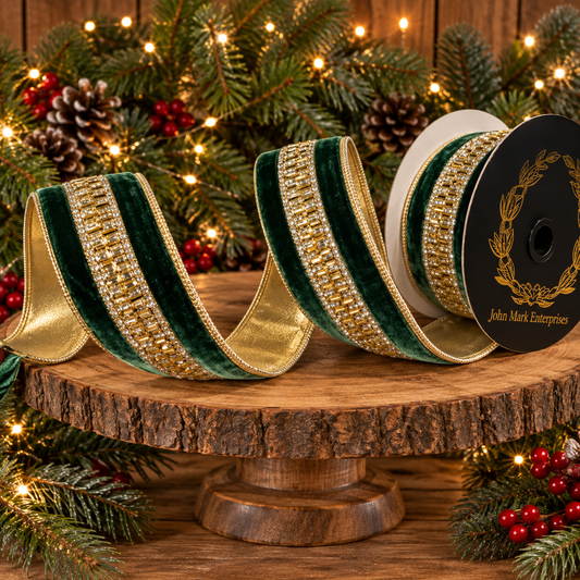JME Green Velvet Jeweled Center Trim Double Fused-1.5x5yd Wired Ribbon