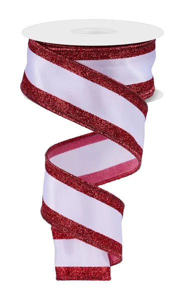 1.5" x 10yd White and Red Vertical Glitter Stripe