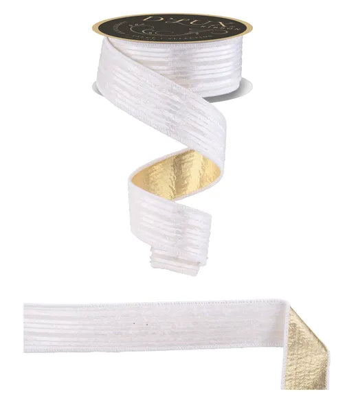 D'LUX 1.5" x 10yd Stripe Velvet/Metallic Wired Ribbon - White & Gold