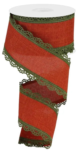 2.5" x 10yd Lace Edge Wired Ribbon - Rust & Moss Green