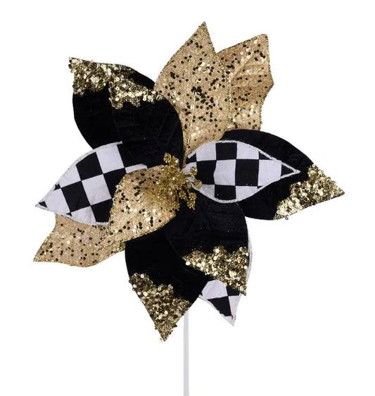 12.5" Dia Poinsettia Stem-Black, White and Gold