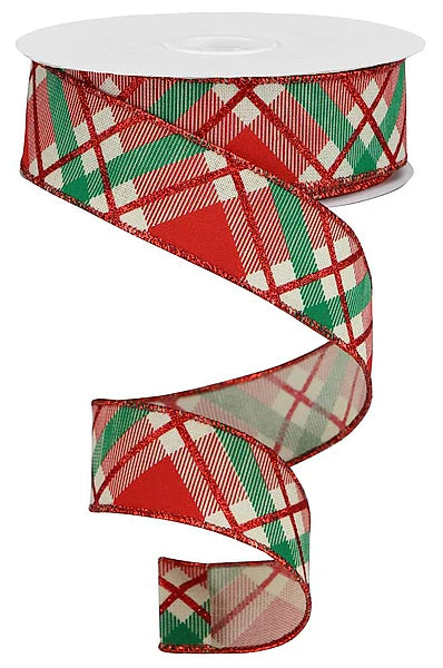 1.5" x 10yd Glitter Plaid On Royal - Cream, Red and Emerald
