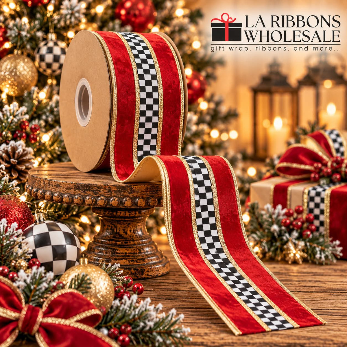 LA RIBBONS 2 1/2" Wired Velvet Ribbon | Black/White Check w/ Red Banded w/ Gold Backing