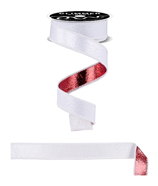 1" x 10yd Ice Crackle/Smooth Fused - White and Red Wired Ribbon