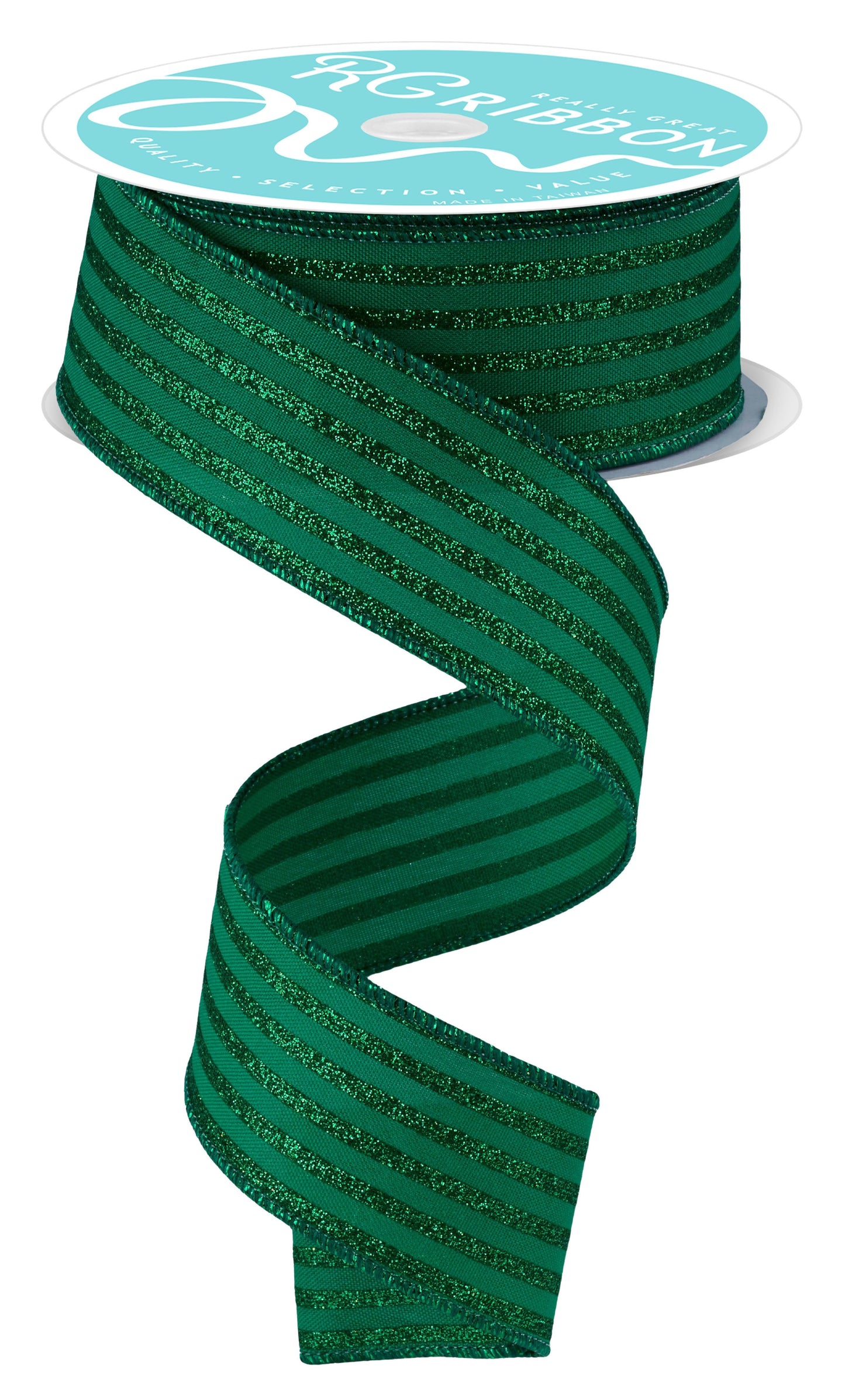 1.5" x 10yd Glitter Vertical Stripe Emerald green Wired Ribbon
