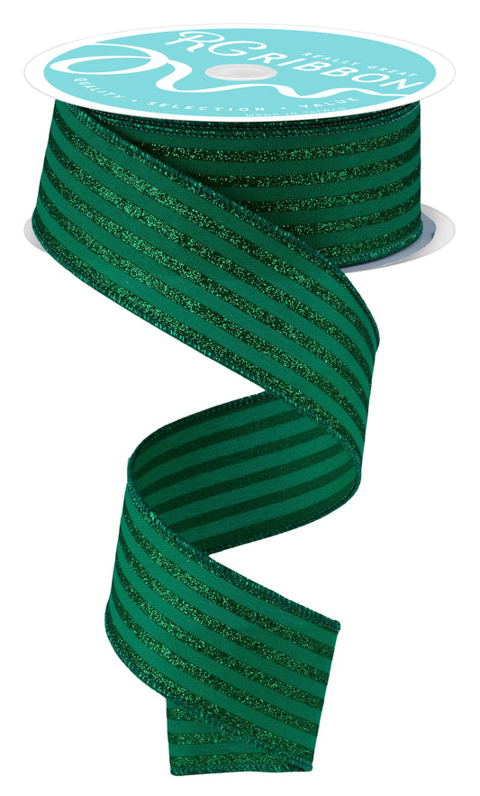 1.5" x 10yd Glitter Vertical Stripe Emerald green Wired Ribbon