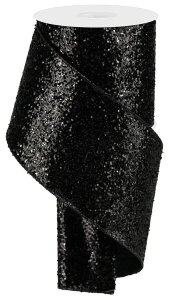 4" x 10yd Large Glitter Wired Ribbon - Black