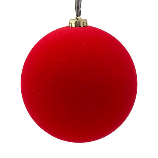 15CM FLOCKED BAUBLE RED