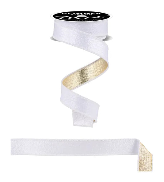 1" x 10yd Ice Crackle Sparkle Fused Wired Ribbon - White and Gold