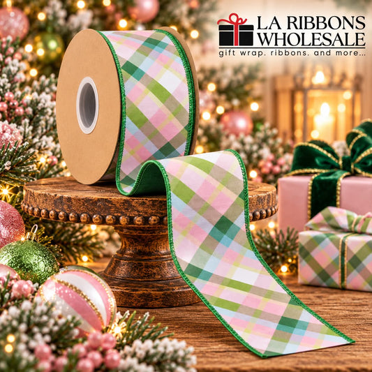 LA RIBBONS 2 1/2" Wired Dupioni Ribbon | Pink and Green BIas Plaid w/ Green Backing