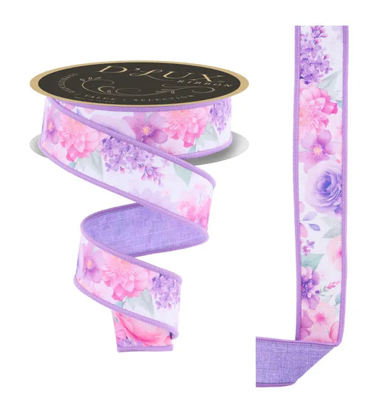 D'LUX 1.5" x 10yd Lavender Watercolour Florals Fused Wired Ribbon
