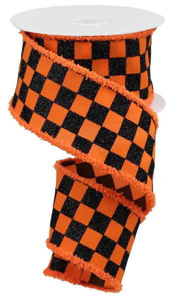2.5" x 10yd Glitter Check With Drift Edge Wired Ribbon - Orange & Black