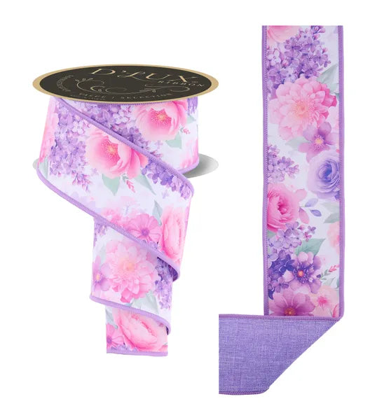 D'Lux 2.5" x 10yd Watercolor Florals/Fused Wired Ribbon