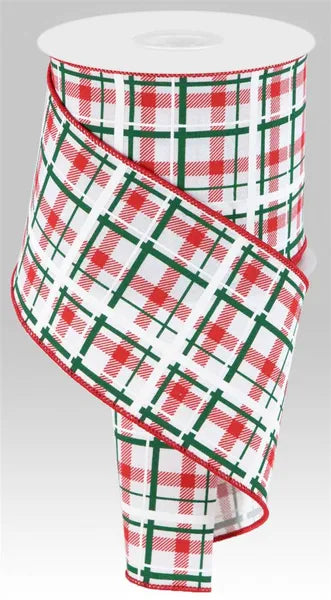4" x 10yd Printed Plaid Wired Ribbon - White, Red and Emerald