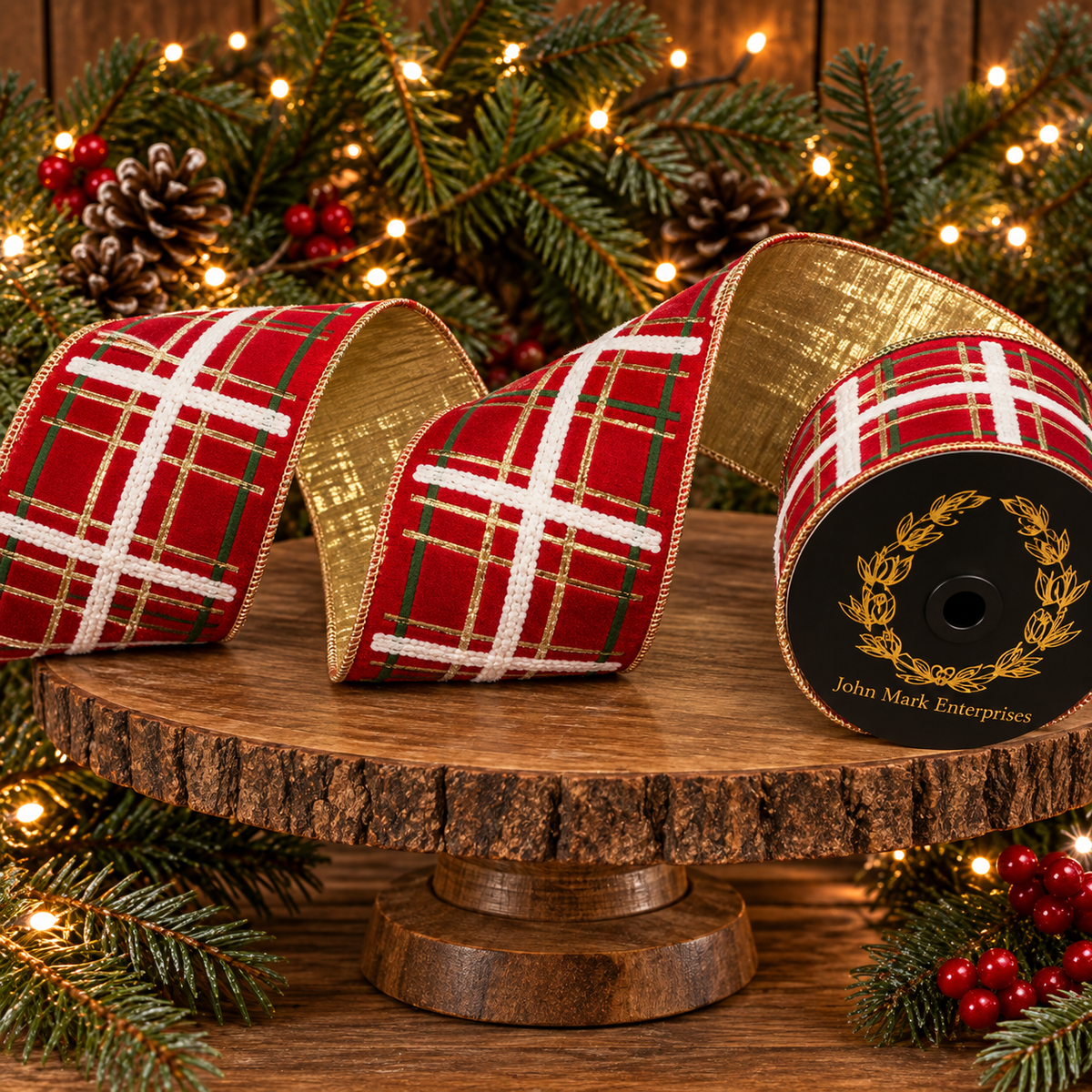 JME Red, Gold, Green & White Plaid Double Fused With Gold 4"X 5YD Wired Ribbon