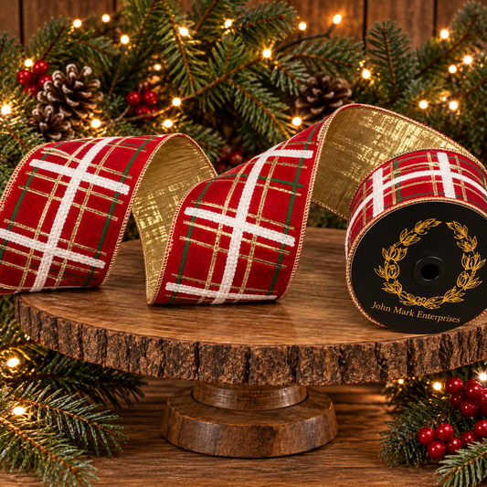 JME Red, Gold, Green & White Plaid Double Fused With Gold 4"X 5YD Wired Ribbon