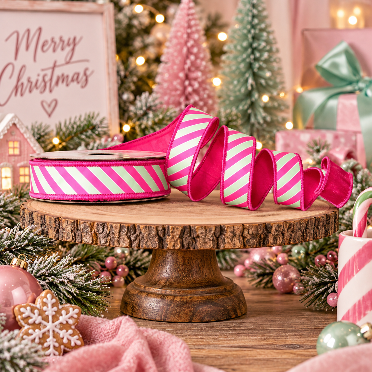 The Ba Bam Collection- Pink & Mint Stripe 1"x10Y Wired Ribbon