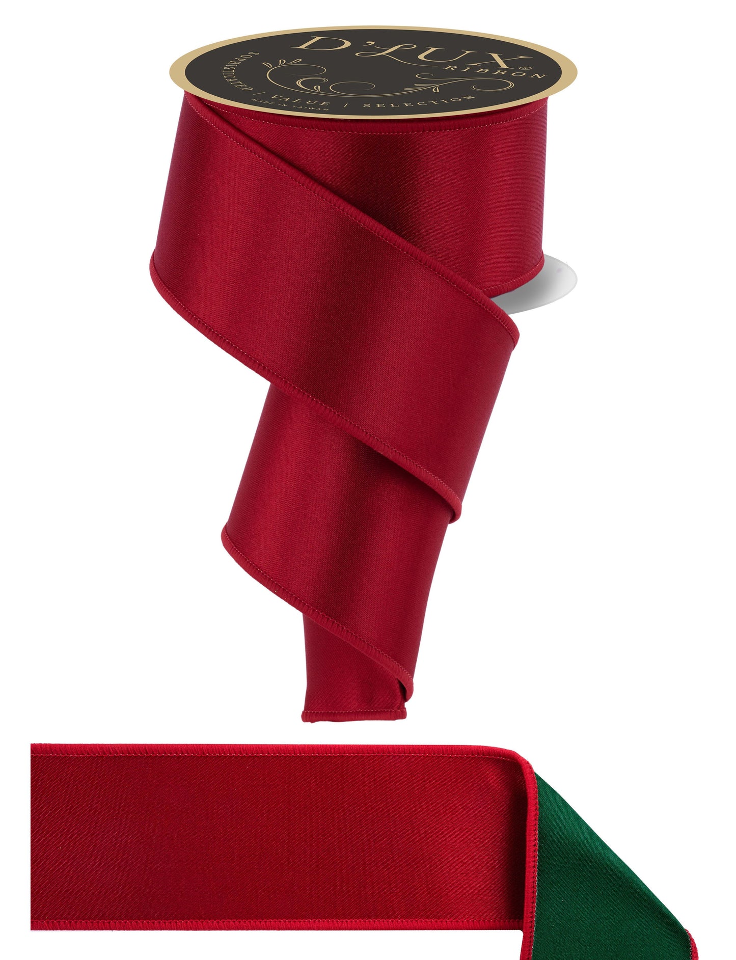 2.5" x 10yd D'Lux Dark Red/Emerald Satin Fused Wired Ribbon