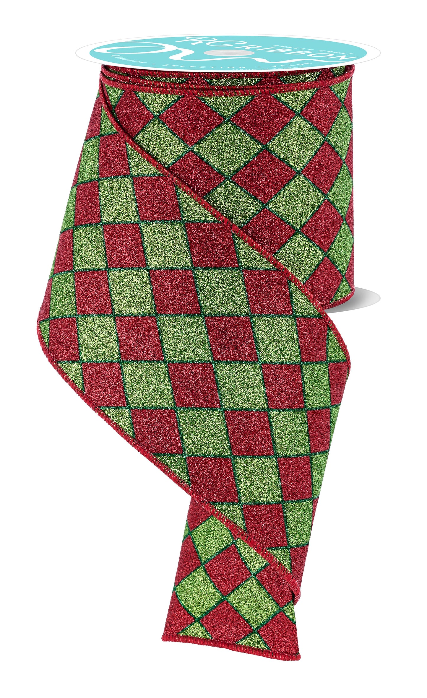 4" x 10yd Red/Lime/Emerald Glitter Harlequin Wired Ribbon