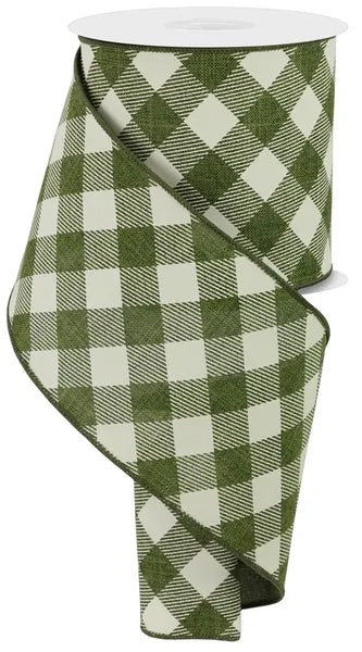 4" x 10yd Diagonal Check Wired Ribbon - Moss Green and Ivory