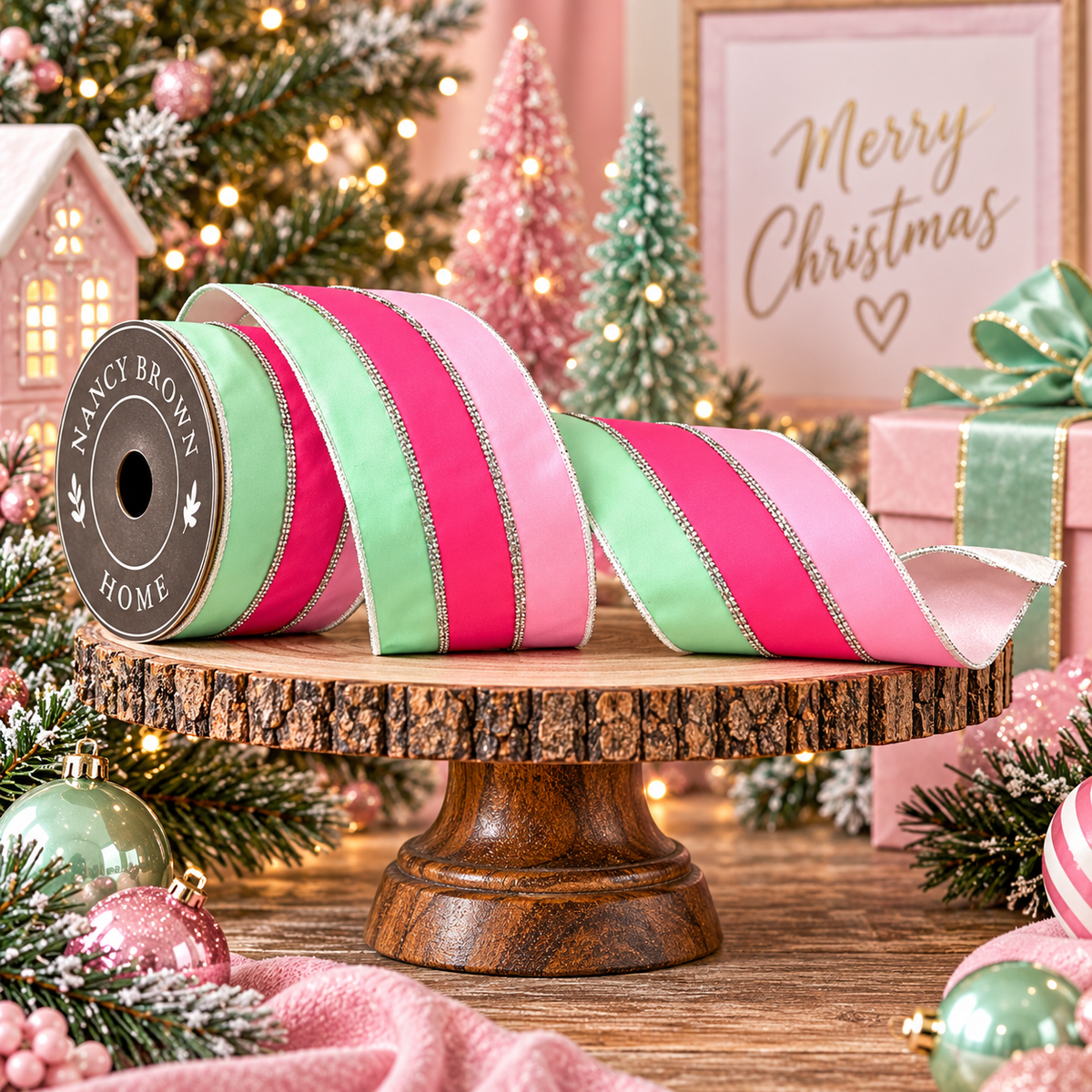 The Ba Bam Collection- Pink & Mint Platinum Bling Stripe 4"x5Y Wired Ribbon