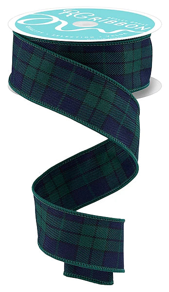 1.5" x 10yd Woven Plaid - Navy Blue and Green Wired Ribbon