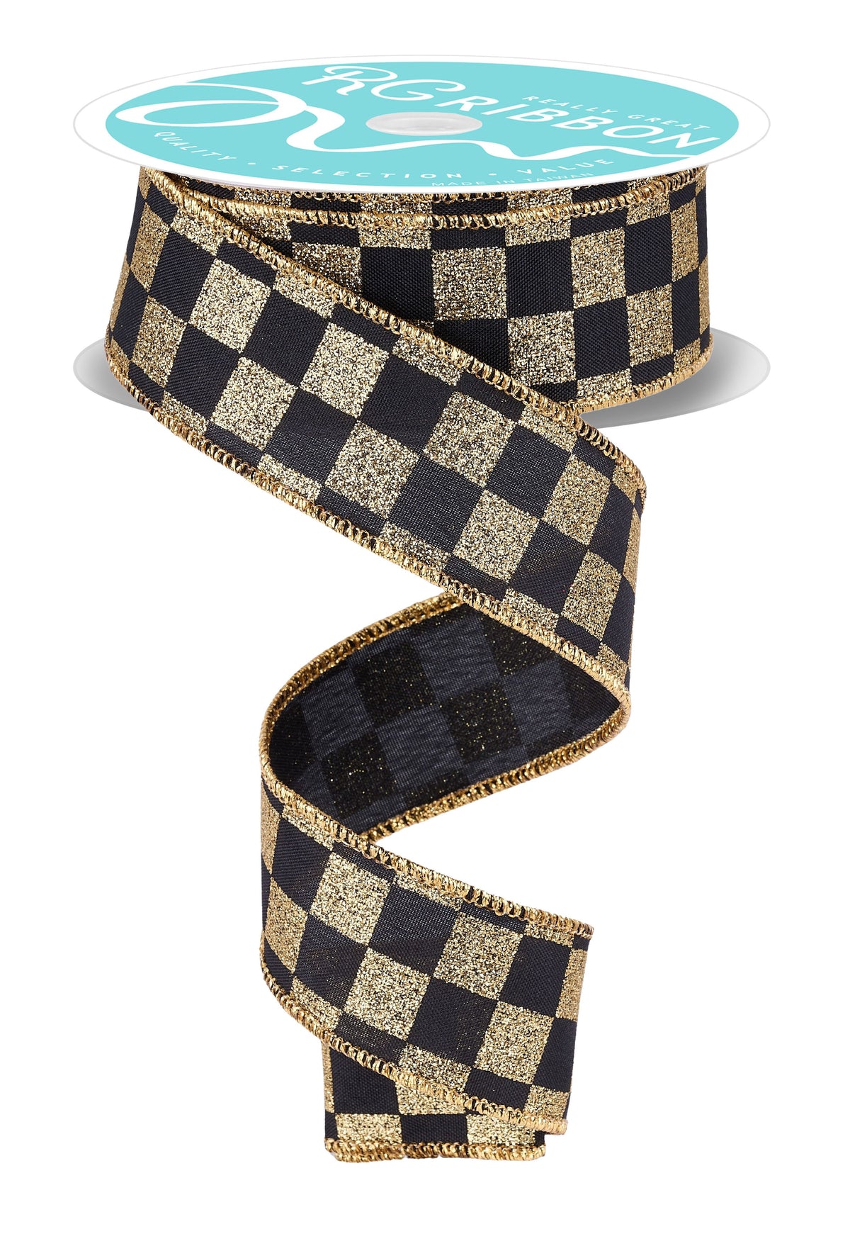 1.5"X10YD PRINT GLITTER CHECK BLACK/GOLD