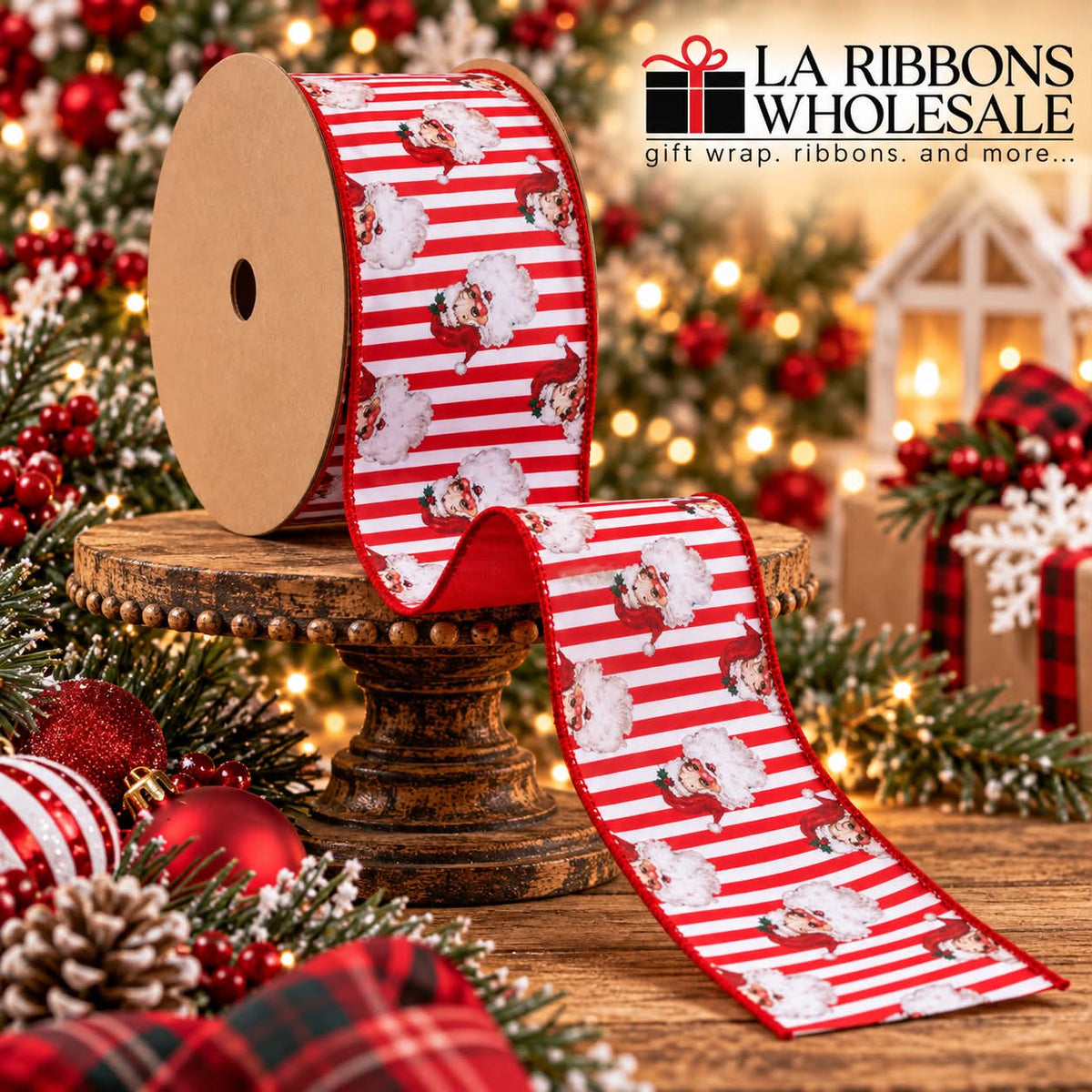 LA RIBBONS 2 1/2" Wired Reversible Dupioni | Santa Face Red and White Stripe
