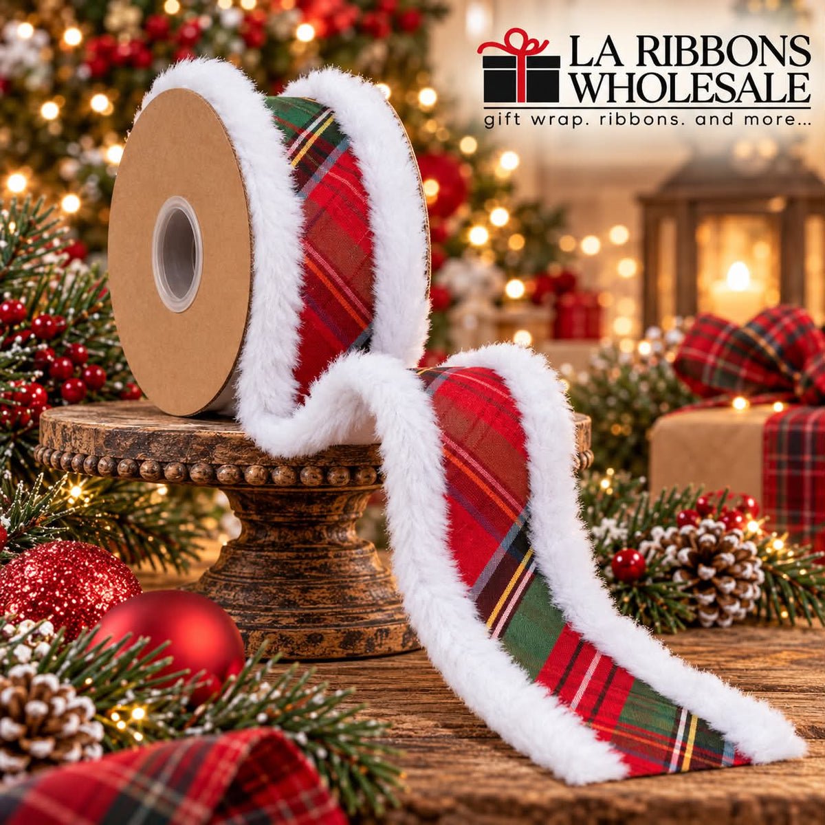 LA RIBBONS 2 1/2" Wired Dupioni Ribbon | Christmas Plaid w/ Fur Piping