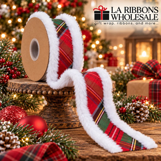 LA RIBBONS 2 1/2" Wired Dupioni Ribbon | Christmas Plaid w/ Fur Piping