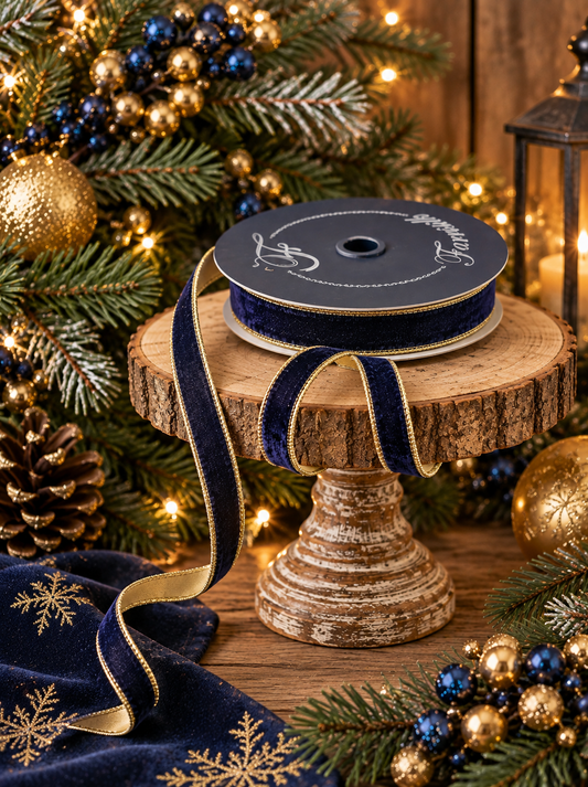 FARRISILK FLASHY VELVET NAVY BLUE & GOLD 0.75"X10YD WIRED RIBBON