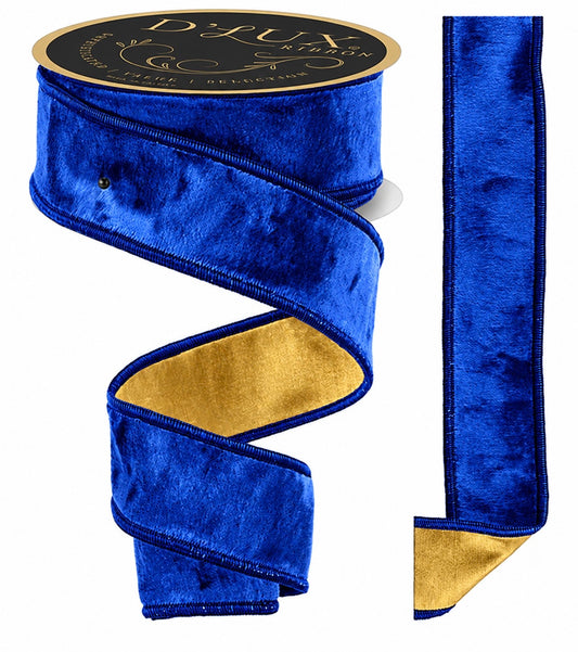 D'LUX 1.5" x 10yd Velvet/Dupioni Fused - Royal Blue and Gold Wired Ribbon
