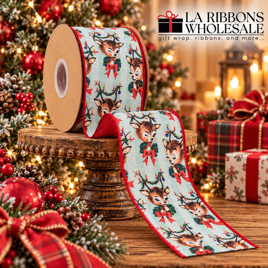 LA RIBBONS 4" Wired Dupioni Ribbon | Retro Deer w/ Wreath w/ Red Backing