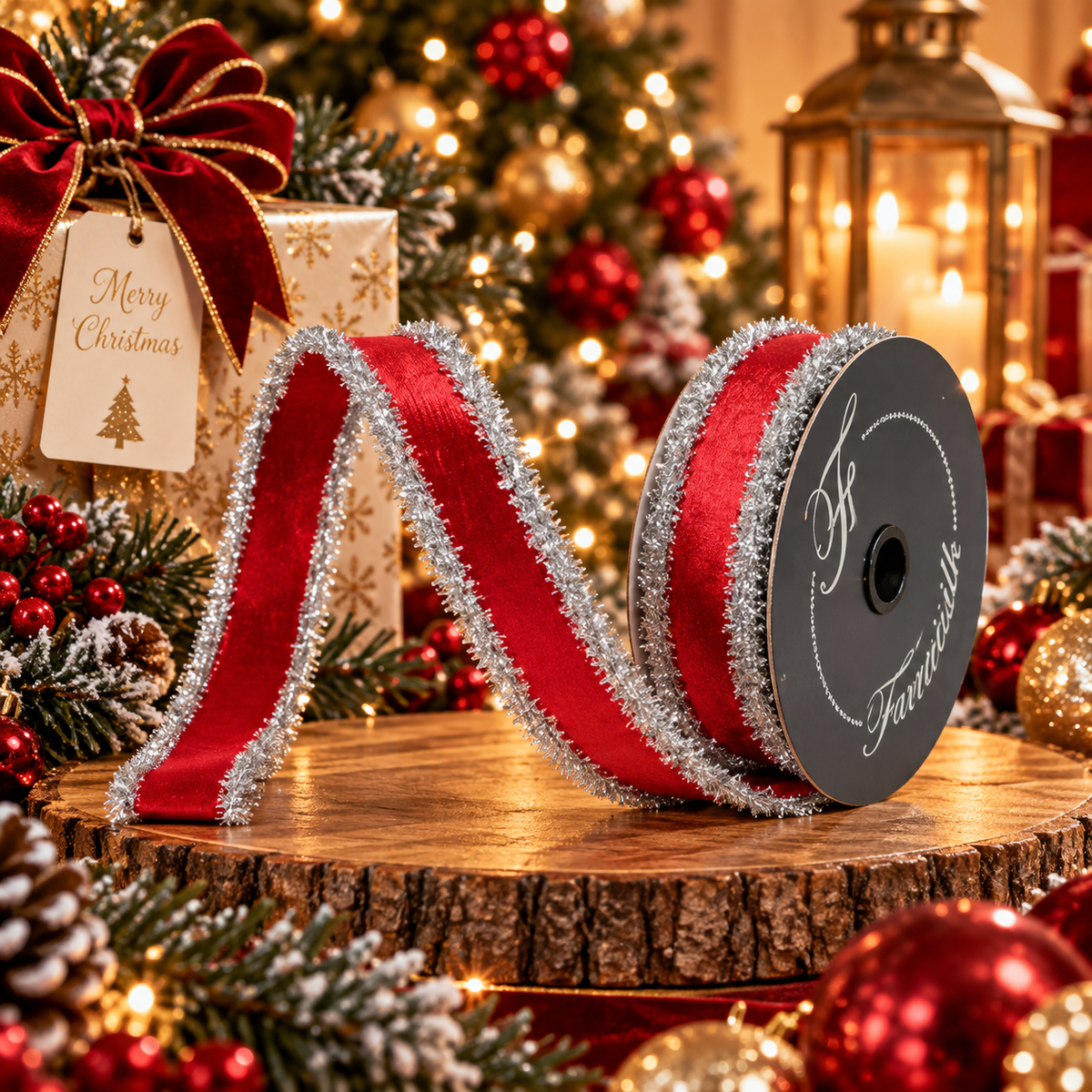Farrisilk Tinsel Borders 1"X10YD Wired Ribbon - Red and Silver