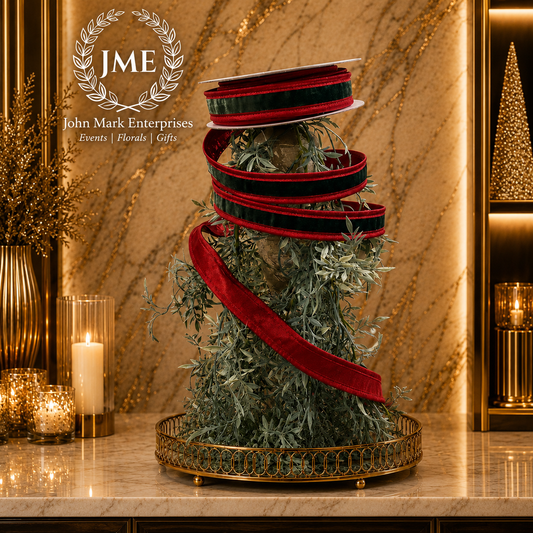 JME Green Velvet Fused Metallic Dupion With  Red Piping-1x10yd Wired Ribbon